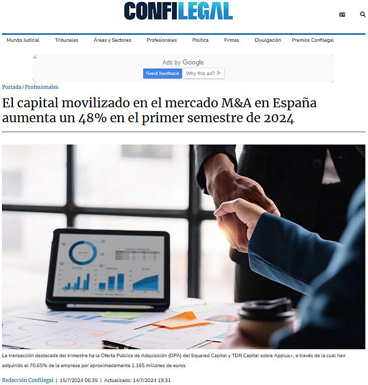 El capital movilizado en el mercado M&A en Espaa aumenta un 48% en el primer semestre de 2024